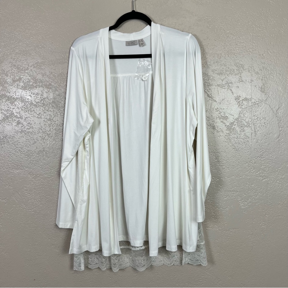 LOGO Lori Goldstein Top Open Cardigan Tunic Women Size 1X White Lace